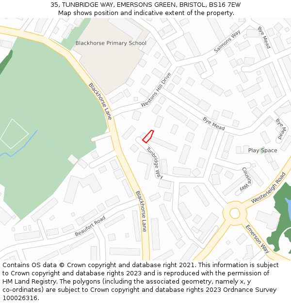 35, TUNBRIDGE WAY, EMERSONS GREEN, BRISTOL, BS16 7EW: Location map and indicative extent of plot