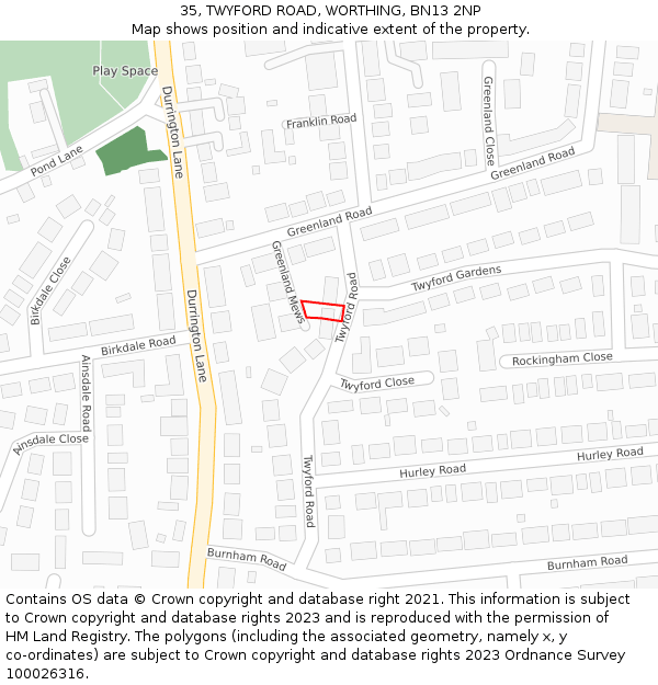 35, TWYFORD ROAD, WORTHING, BN13 2NP: Location map and indicative extent of plot
