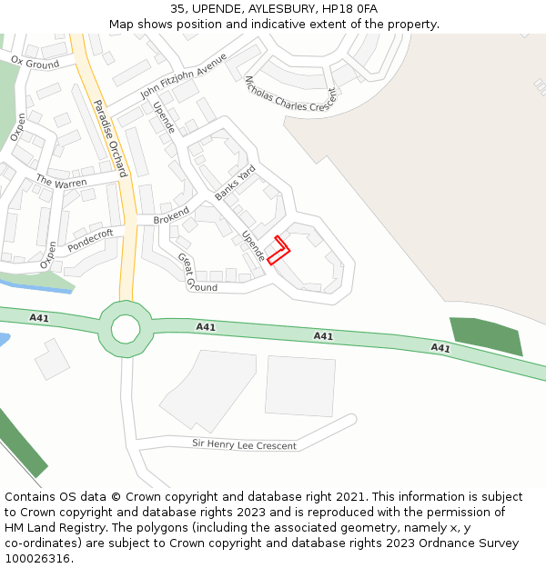 35, UPENDE, AYLESBURY, HP18 0FA: Location map and indicative extent of plot