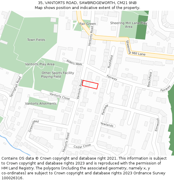35, VANTORTS ROAD, SAWBRIDGEWORTH, CM21 9NB: Location map and indicative extent of plot
