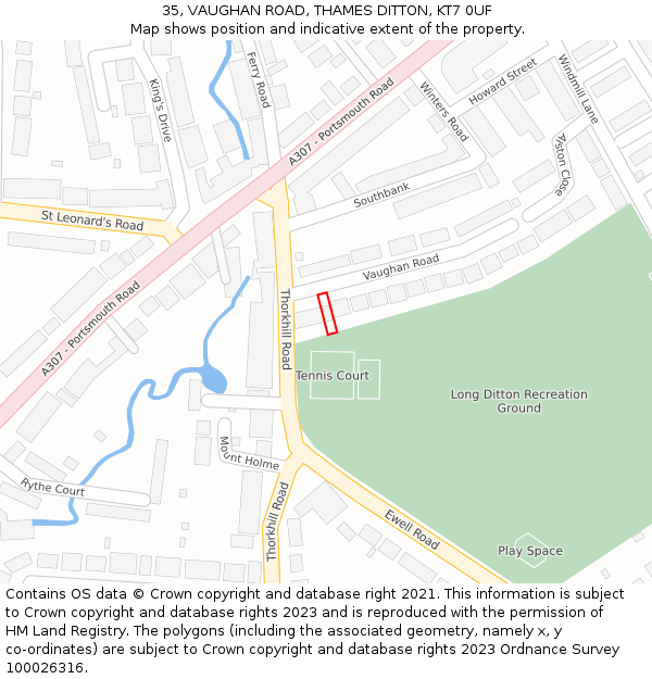 35, VAUGHAN ROAD, THAMES DITTON, KT7 0UF: Location map and indicative extent of plot