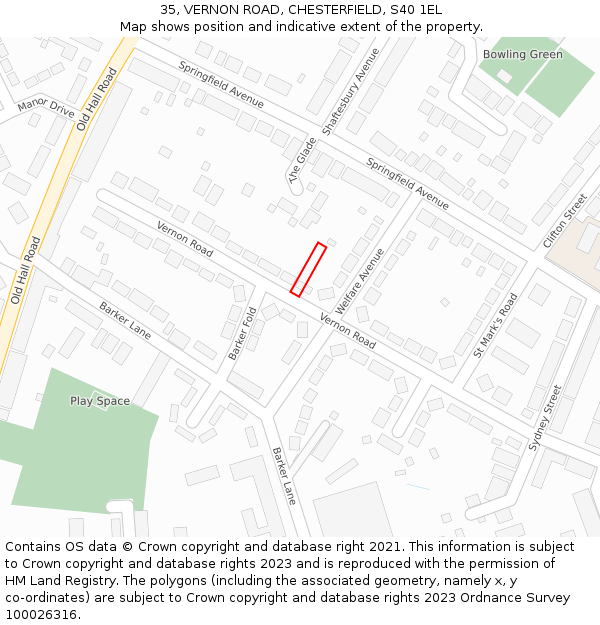 35, VERNON ROAD, CHESTERFIELD, S40 1EL: Location map and indicative extent of plot