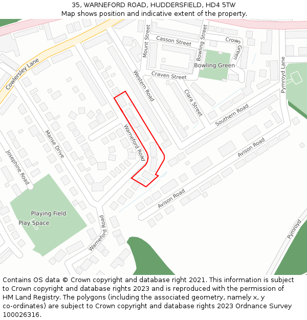 35, WARNEFORD ROAD, HUDDERSFIELD, HD4 5TW: Location map and indicative extent of plot