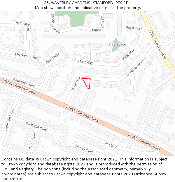 35, WAVERLEY GARDENS, STAMFORD, PE9 1BH: Location map and indicative extent of plot