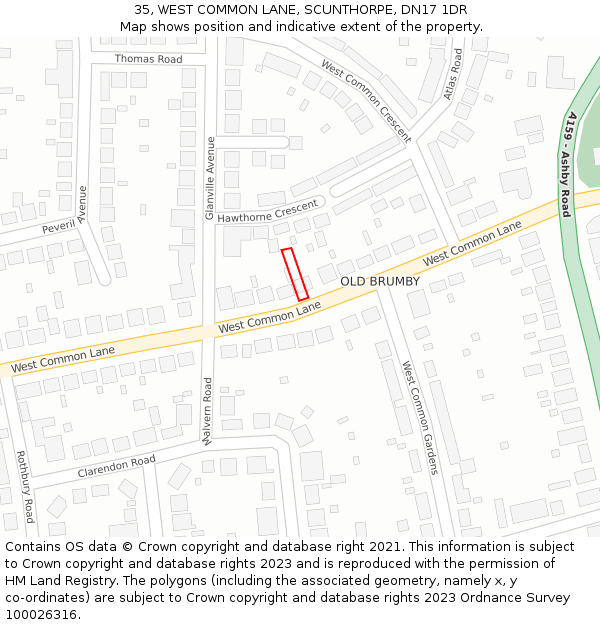 35, WEST COMMON LANE, SCUNTHORPE, DN17 1DR: Location map and indicative extent of plot