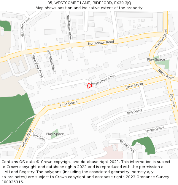 35, WESTCOMBE LANE, BIDEFORD, EX39 3JQ: Location map and indicative extent of plot