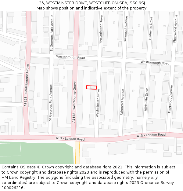 35, WESTMINSTER DRIVE, WESTCLIFF-ON-SEA, SS0 9SJ: Location map and indicative extent of plot