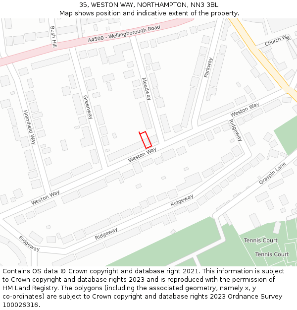 35, WESTON WAY, NORTHAMPTON, NN3 3BL: Location map and indicative extent of plot