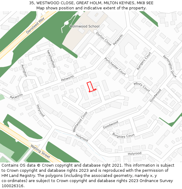 35, WESTWOOD CLOSE, GREAT HOLM, MILTON KEYNES, MK8 9EE: Location map and indicative extent of plot