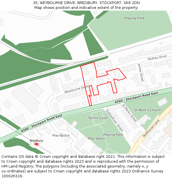 35, WEYBOURNE DRIVE, BREDBURY, STOCKPORT, SK6 2DN: Location map and indicative extent of plot