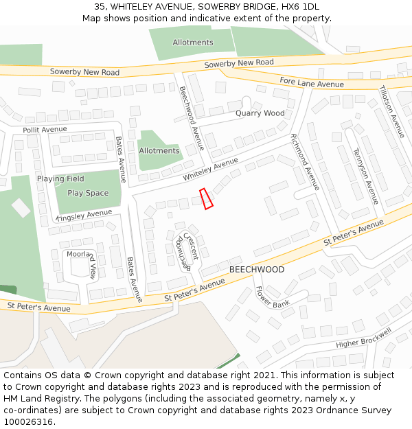 35, WHITELEY AVENUE, SOWERBY BRIDGE, HX6 1DL: Location map and indicative extent of plot