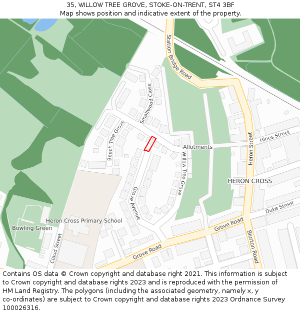 35, WILLOW TREE GROVE, STOKE-ON-TRENT, ST4 3BF: Location map and indicative extent of plot