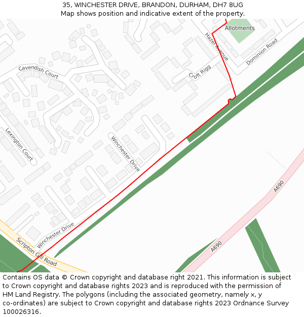 35, WINCHESTER DRIVE, BRANDON, DURHAM, DH7 8UG: Location map and indicative extent of plot