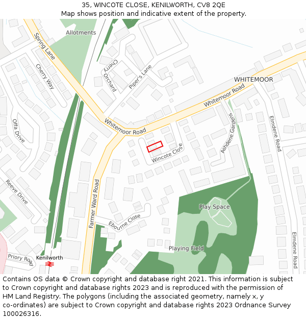 35, WINCOTE CLOSE, KENILWORTH, CV8 2QE: Location map and indicative extent of plot