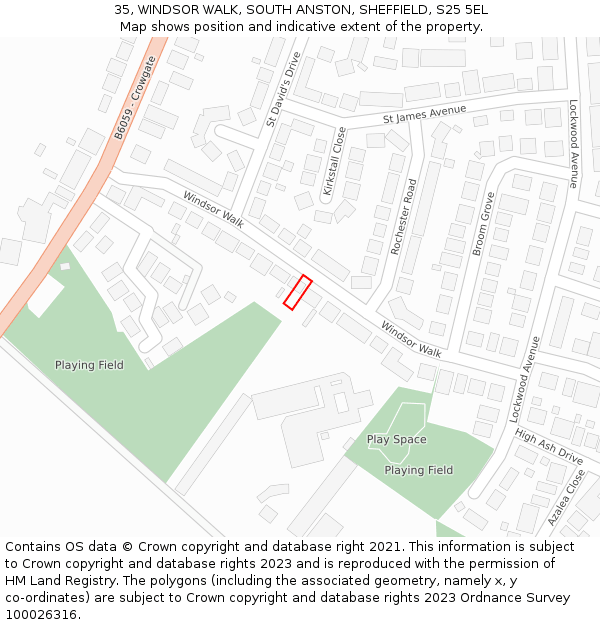 35, WINDSOR WALK, SOUTH ANSTON, SHEFFIELD, S25 5EL: Location map and indicative extent of plot
