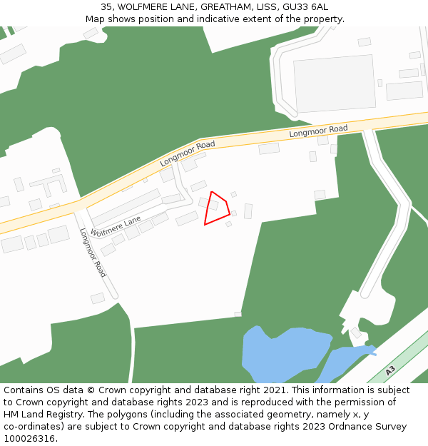 35, WOLFMERE LANE, GREATHAM, LISS, GU33 6AL: Location map and indicative extent of plot