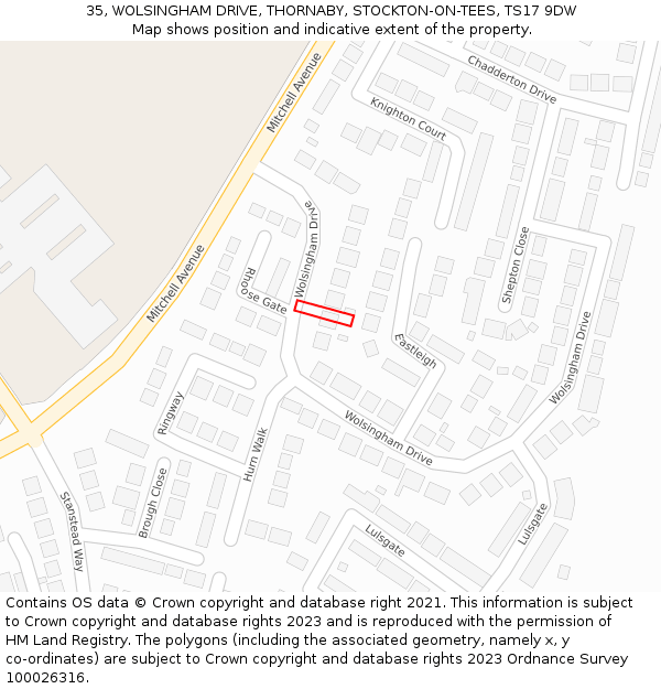 35, WOLSINGHAM DRIVE, THORNABY, STOCKTON-ON-TEES, TS17 9DW: Location map and indicative extent of plot