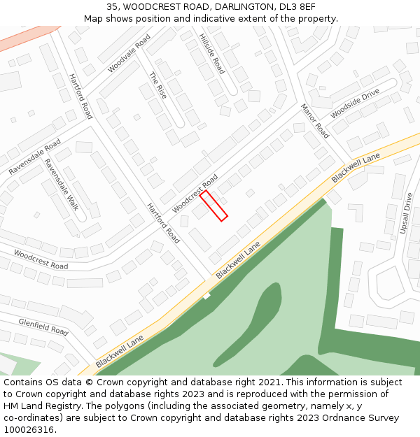 35, WOODCREST ROAD, DARLINGTON, DL3 8EF: Location map and indicative extent of plot