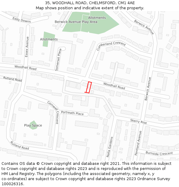 35, WOODHALL ROAD, CHELMSFORD, CM1 4AE: Location map and indicative extent of plot