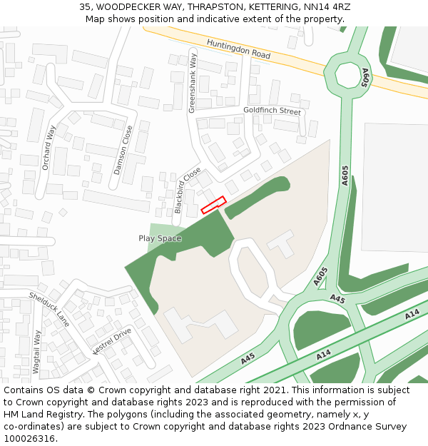 35, WOODPECKER WAY, THRAPSTON, KETTERING, NN14 4RZ: Location map and indicative extent of plot