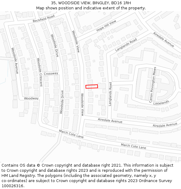 35, WOODSIDE VIEW, BINGLEY, BD16 1RH: Location map and indicative extent of plot