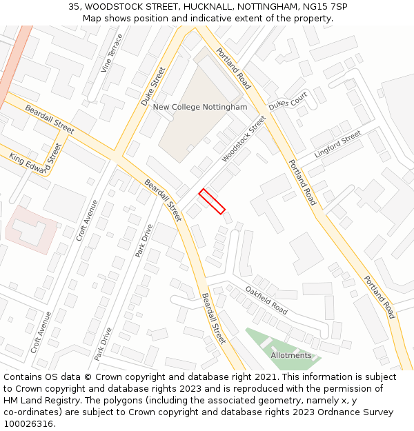 35, WOODSTOCK STREET, HUCKNALL, NOTTINGHAM, NG15 7SP: Location map and indicative extent of plot