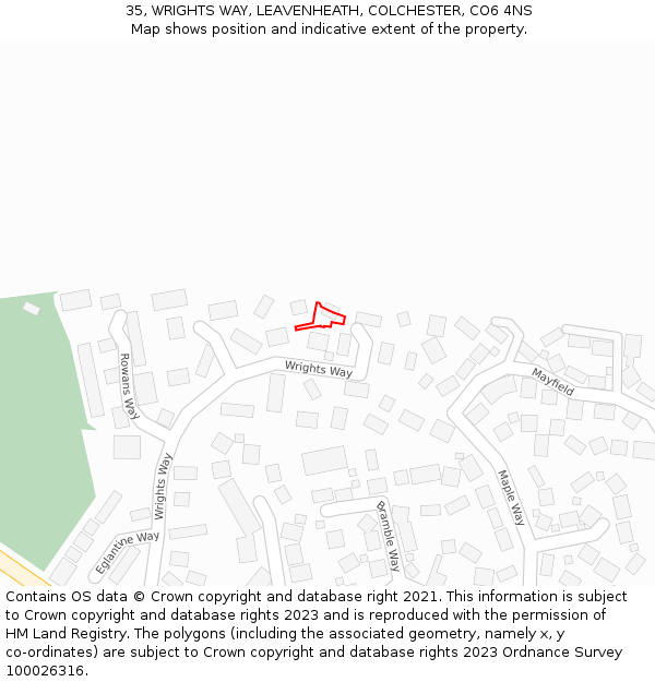 35, WRIGHTS WAY, LEAVENHEATH, COLCHESTER, CO6 4NS: Location map and indicative extent of plot