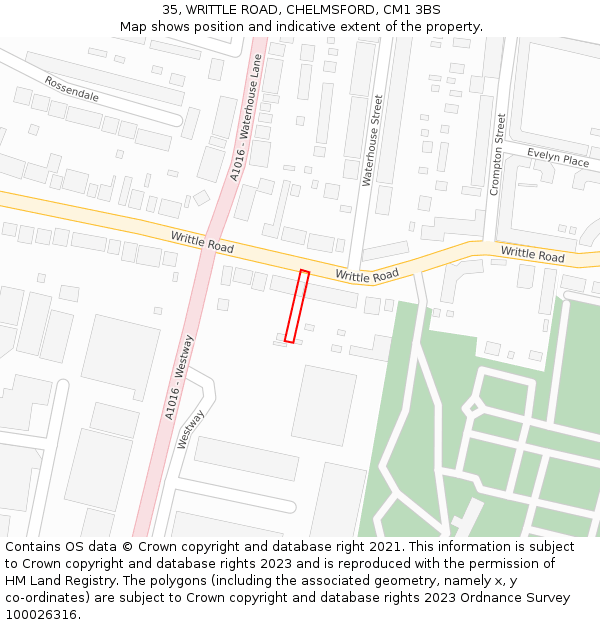 35, WRITTLE ROAD, CHELMSFORD, CM1 3BS: Location map and indicative extent of plot