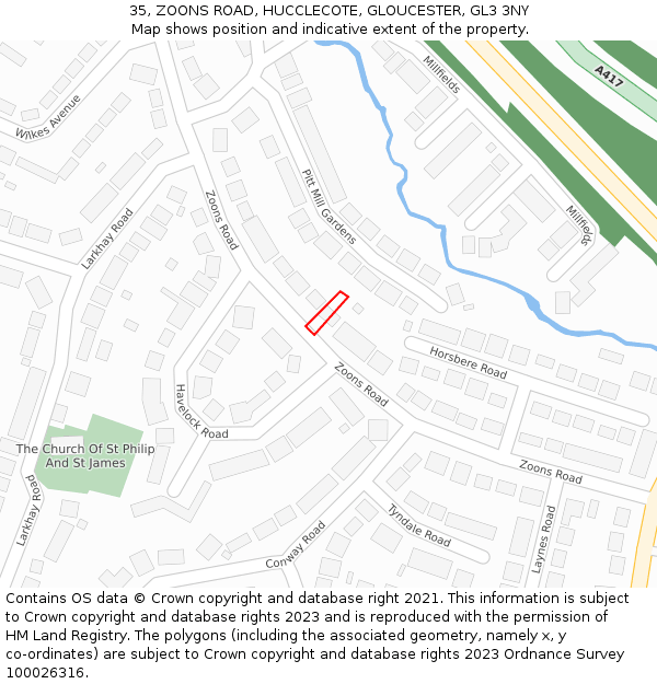 35, ZOONS ROAD, HUCCLECOTE, GLOUCESTER, GL3 3NY: Location map and indicative extent of plot