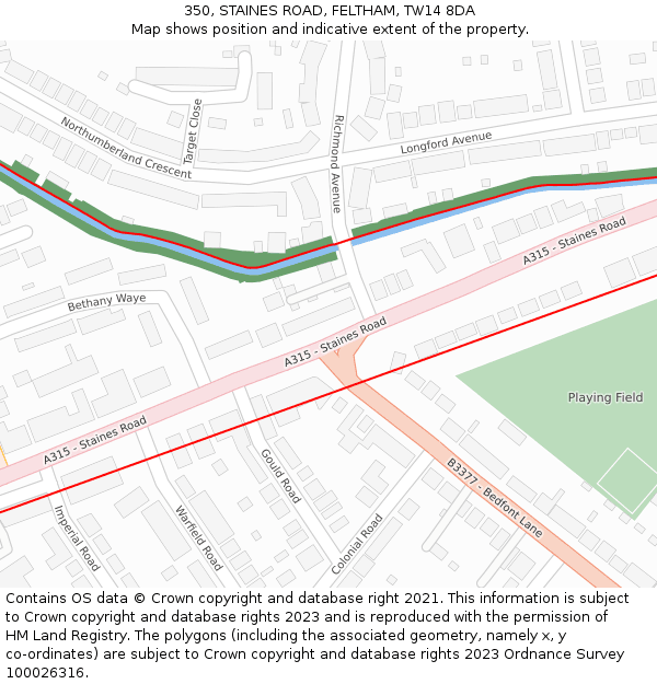 350, STAINES ROAD, FELTHAM, TW14 8DA: Location map and indicative extent of plot