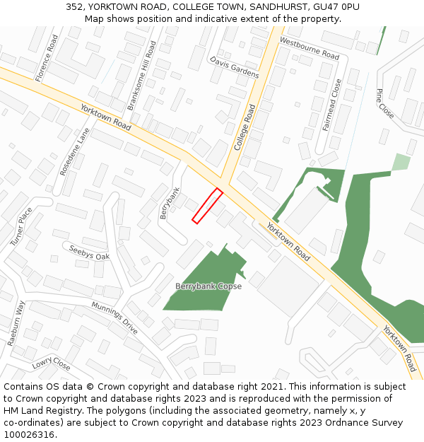 352, YORKTOWN ROAD, COLLEGE TOWN, SANDHURST, GU47 0PU: Location map and indicative extent of plot