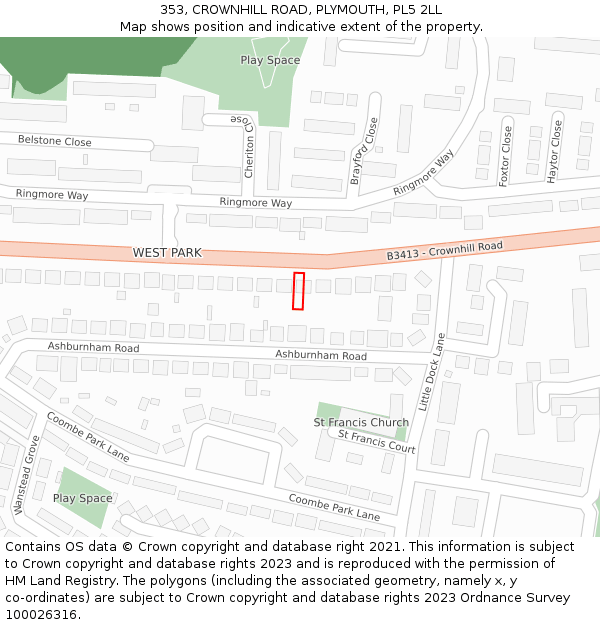 353, CROWNHILL ROAD, PLYMOUTH, PL5 2LL: Location map and indicative extent of plot