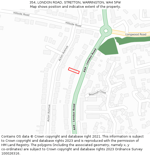 354, LONDON ROAD, STRETTON, WARRINGTON, WA4 5PW: Location map and indicative extent of plot