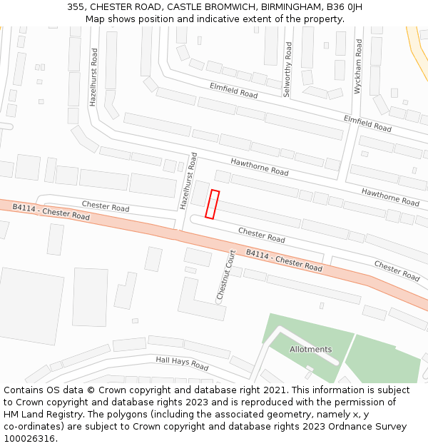 355, CHESTER ROAD, CASTLE BROMWICH, BIRMINGHAM, B36 0JH: Location map and indicative extent of plot
