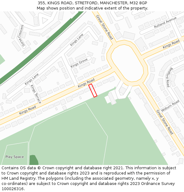 355, KINGS ROAD, STRETFORD, MANCHESTER, M32 8GP: Location map and indicative extent of plot