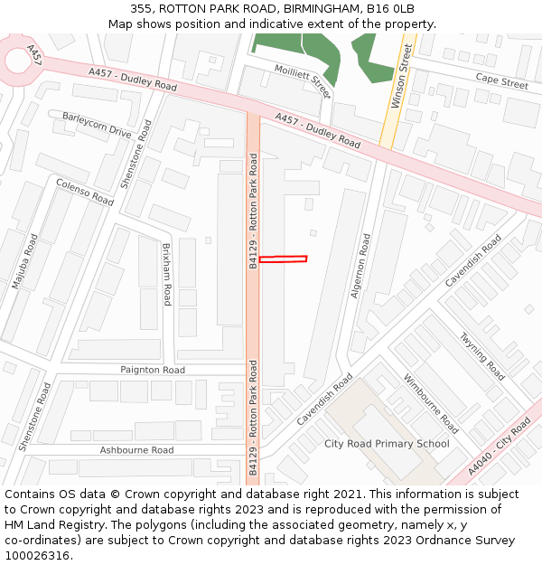 355, ROTTON PARK ROAD, BIRMINGHAM, B16 0LB: Location map and indicative extent of plot