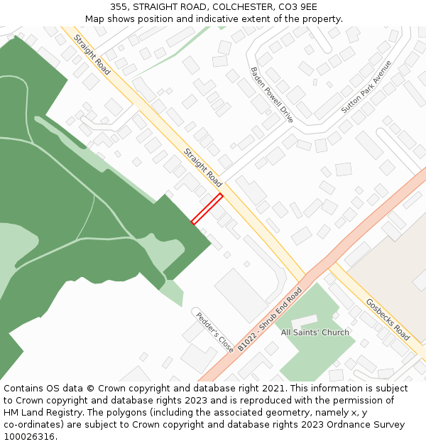 355, STRAIGHT ROAD, COLCHESTER, CO3 9EE: Location map and indicative extent of plot