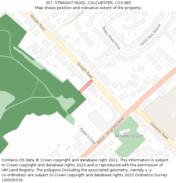 357, STRAIGHT ROAD, COLCHESTER, CO3 9EE: Location map and indicative extent of plot
