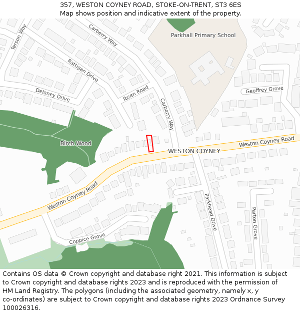 357, WESTON COYNEY ROAD, STOKE-ON-TRENT, ST3 6ES: Location map and indicative extent of plot