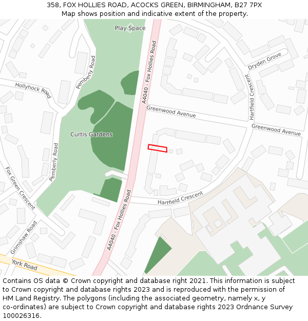 358, FOX HOLLIES ROAD, ACOCKS GREEN, BIRMINGHAM, B27 7PX: Location map and indicative extent of plot
