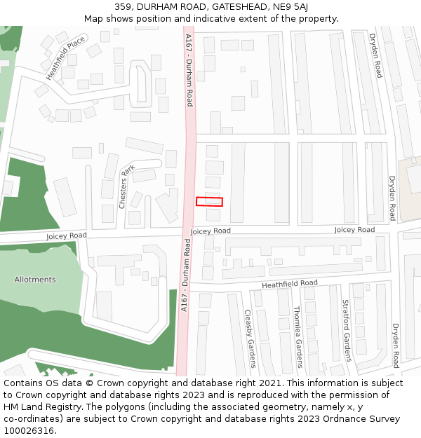 359, DURHAM ROAD, GATESHEAD, NE9 5AJ: Location map and indicative extent of plot