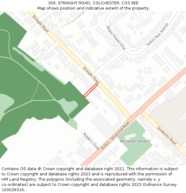 359, STRAIGHT ROAD, COLCHESTER, CO3 9EE: Location map and indicative extent of plot