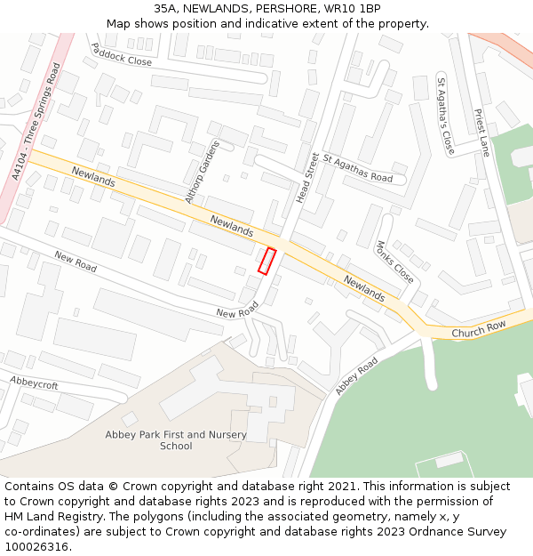 35A, NEWLANDS, PERSHORE, WR10 1BP: Location map and indicative extent of plot