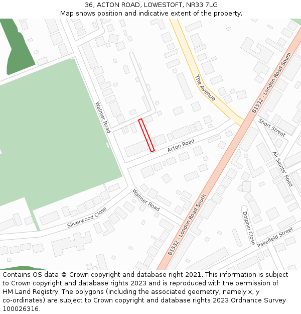36, ACTON ROAD, LOWESTOFT, NR33 7LG: Location map and indicative extent of plot