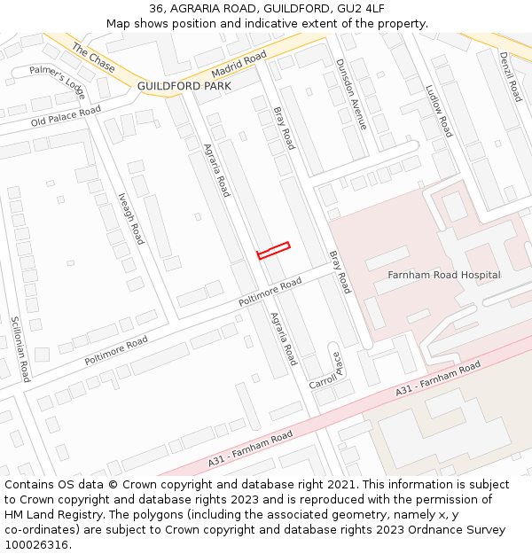 36, AGRARIA ROAD, GUILDFORD, GU2 4LF: Location map and indicative extent of plot
