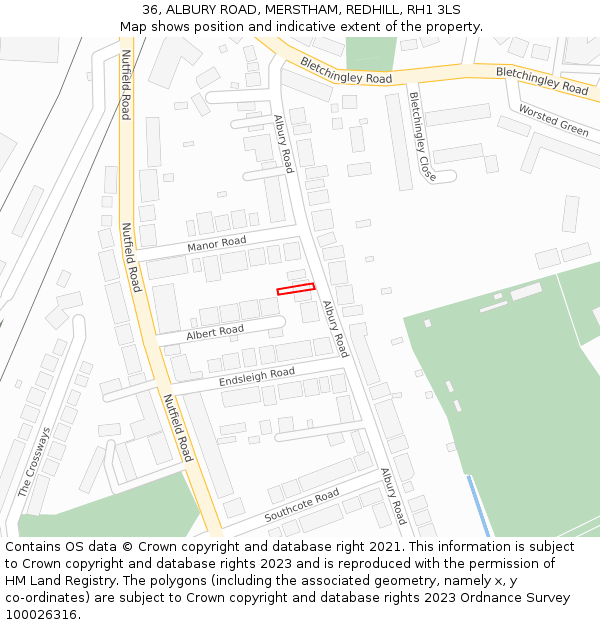 36, ALBURY ROAD, MERSTHAM, REDHILL, RH1 3LS: Location map and indicative extent of plot