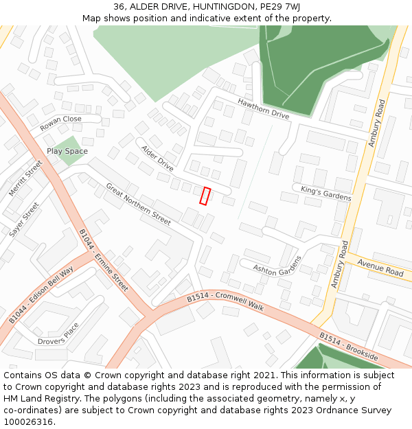36, ALDER DRIVE, HUNTINGDON, PE29 7WJ: Location map and indicative extent of plot
