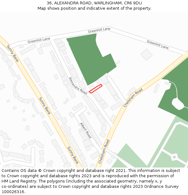 36, ALEXANDRA ROAD, WARLINGHAM, CR6 9DU: Location map and indicative extent of plot