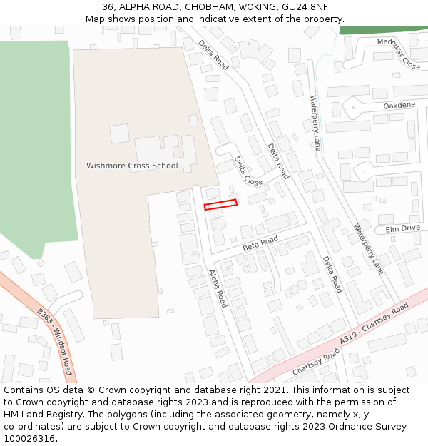 36, ALPHA ROAD, CHOBHAM, WOKING, GU24 8NF: Location map and indicative extent of plot