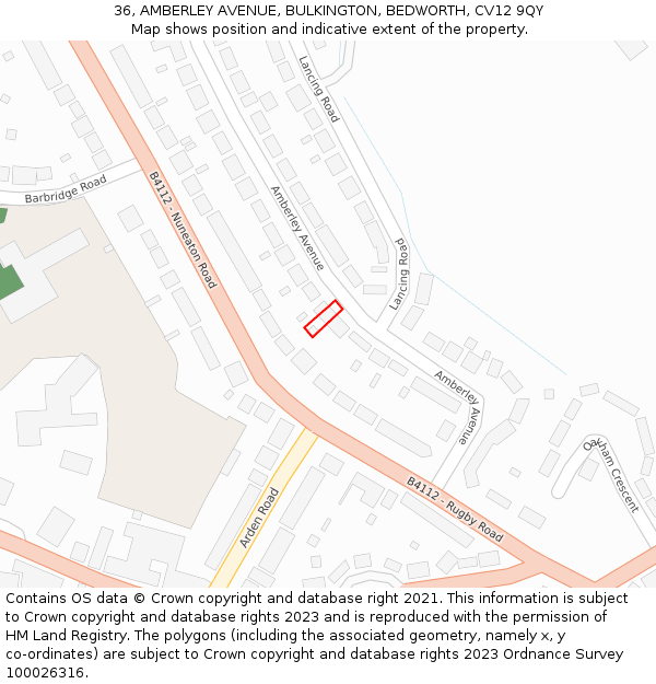 36, AMBERLEY AVENUE, BULKINGTON, BEDWORTH, CV12 9QY: Location map and indicative extent of plot